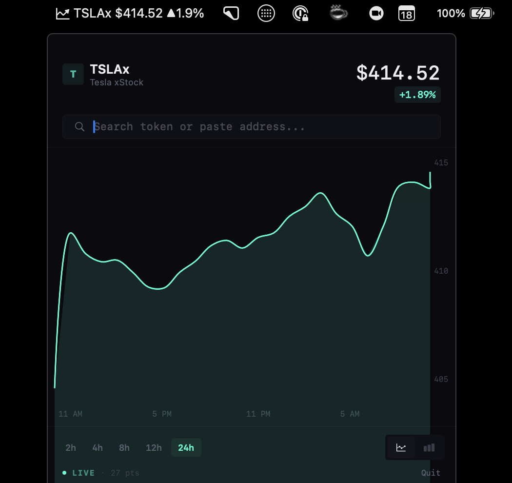 SolanaMenu showing a price chart in the macOS menu bar